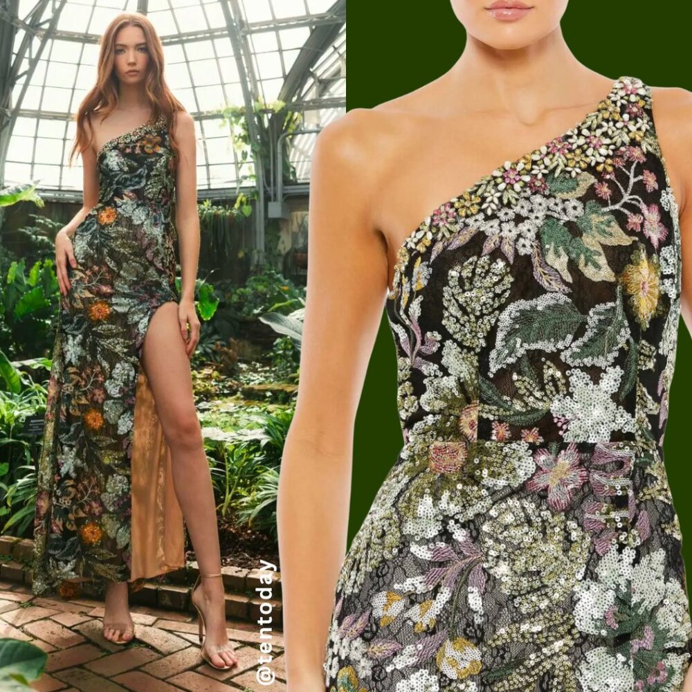 Mac Duggal 49574 Size 4 Floral Black Green Pink One Shoulder Gown Maxi Dress